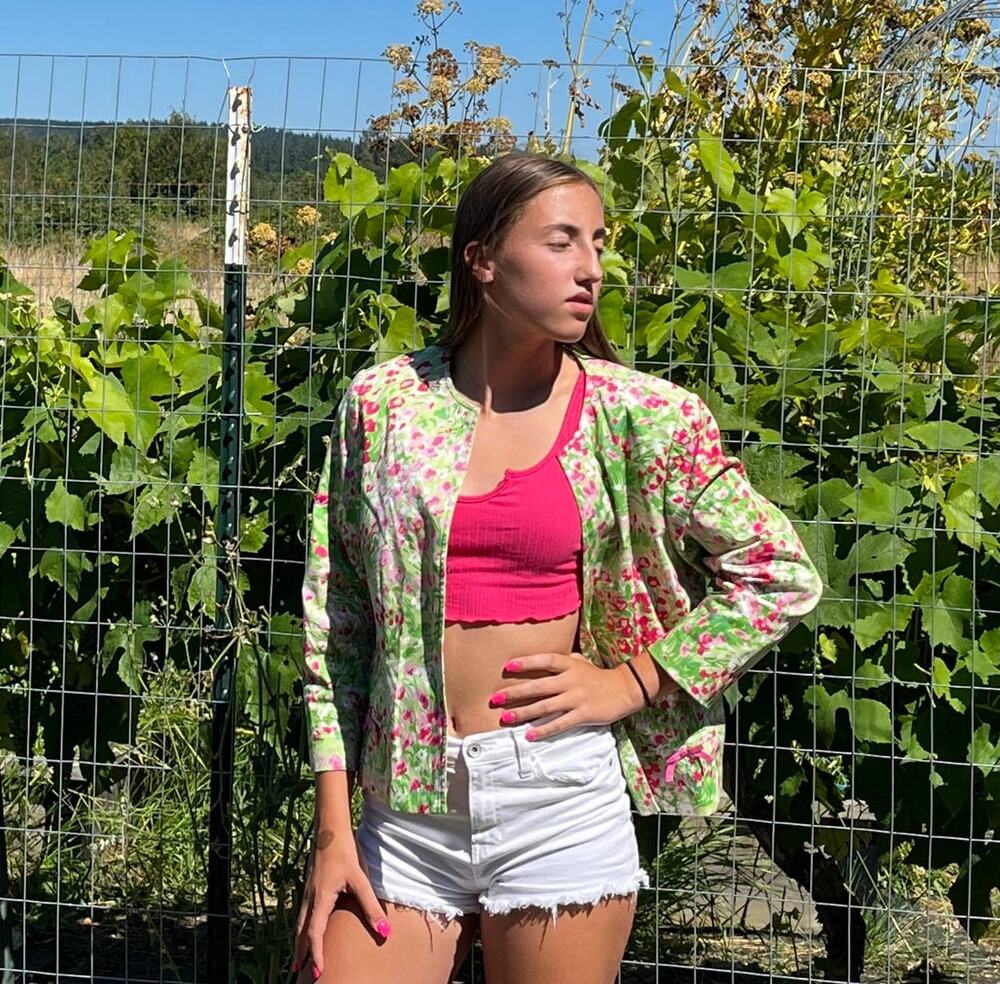 Spring Floral Short Jacket Rafael Women's Open Front Pink & Green Monet Style 12